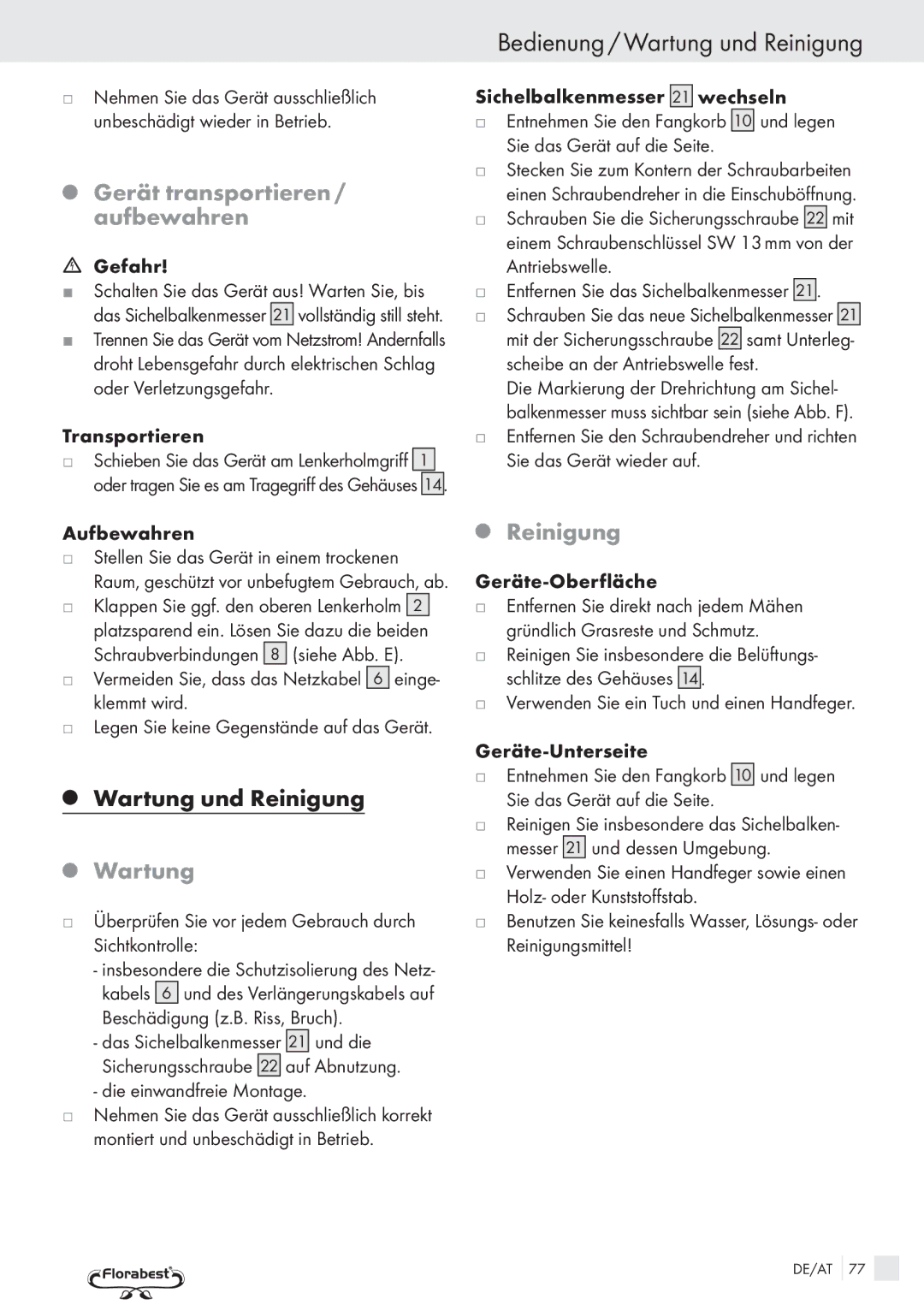 Kompernass FSM R1 manual Bedienung / Wartung und Reinigung, Gerät transportieren / aufbewahren 